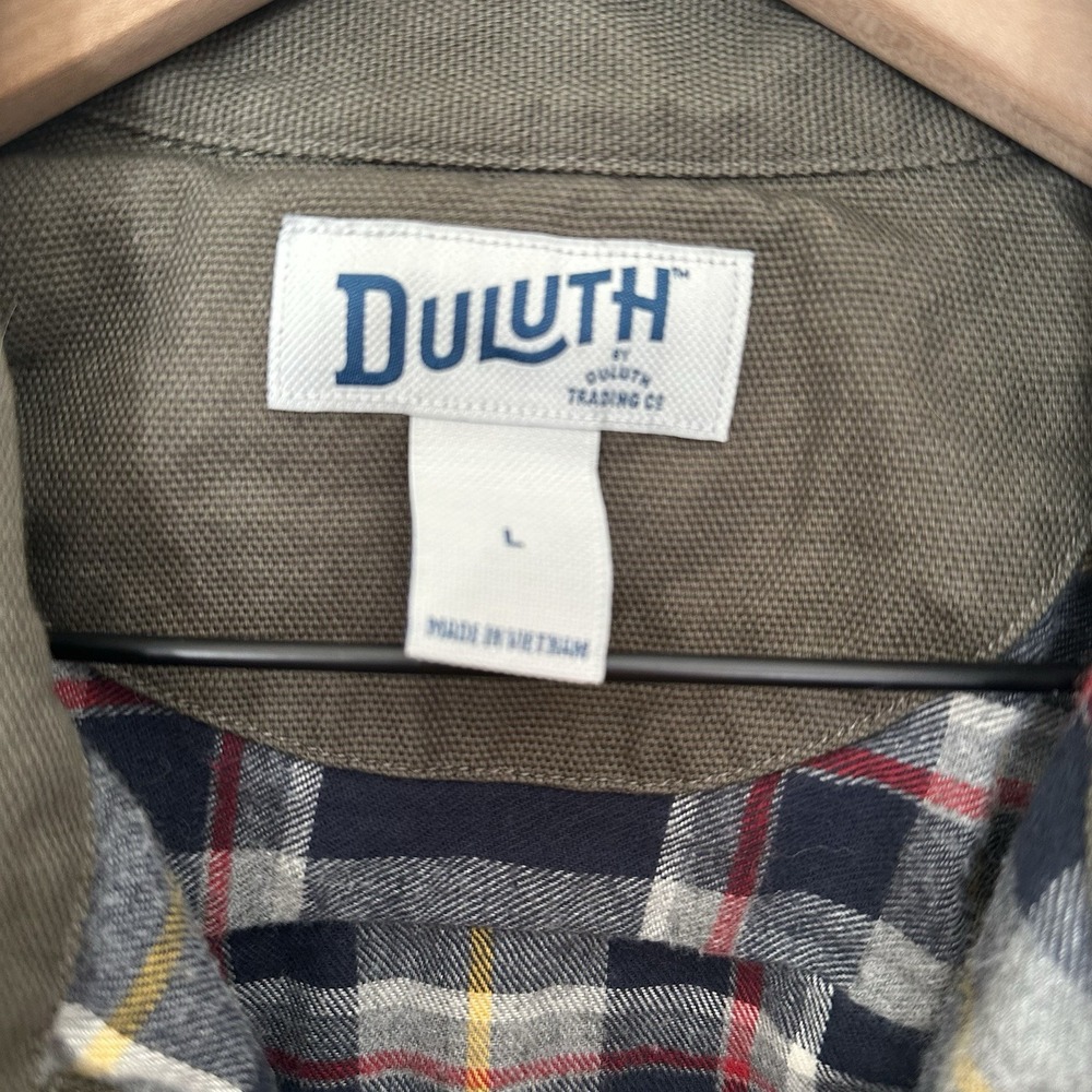 Duluth Trading Co Fire Hose Shirt Jacket Mens large Olive Green Flannel Lined - Picture 8 of 13